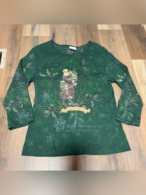 Studio Collection Green 3/4 Sleeve Holiday Old World Santa Christmas Top XL
